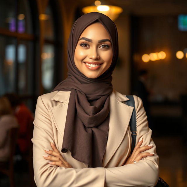 A beautiful, confident Muslim woman posing in a stylish hijab and modern attire, exuding charisma and charm