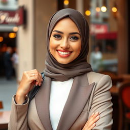 A beautiful, confident Muslim woman posing in a stylish hijab and modern attire, exuding charisma and charm