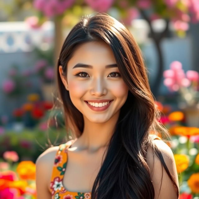 A stunningly beautiful Asian woman with an infectious smile and sparkling eyes, radiating cuteness