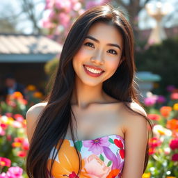 A stunningly beautiful Asian woman with an infectious smile and sparkling eyes, radiating cuteness