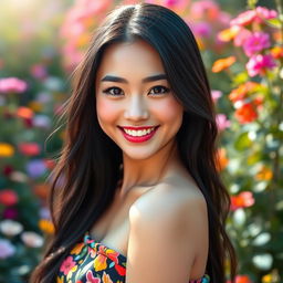 A stunningly beautiful Asian woman with an infectious smile and sparkling eyes, radiating cuteness