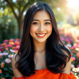 A stunningly beautiful Asian woman with an infectious smile and sparkling eyes, radiating cuteness