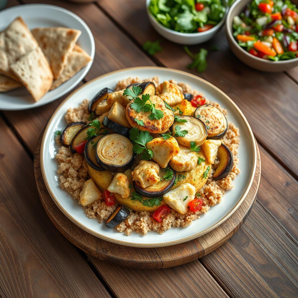 A traditional upside-down dish called Mqluba made with bulgur wheat instead of rice, beautifully presented