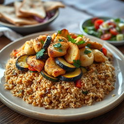 A traditional upside-down dish called Mqluba made with bulgur wheat instead of rice, beautifully presented
