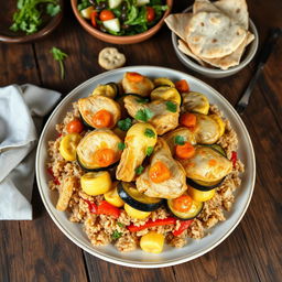 A traditional upside-down dish called Mqluba made with bulgur wheat instead of rice, beautifully presented