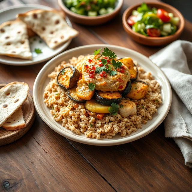 A traditional upside-down dish called Mqluba made with bulgur wheat instead of rice, beautifully presented