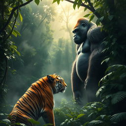 A dramatic scene in a dense jungle featuring a powerful gorilla and a majestic tiger facing each other