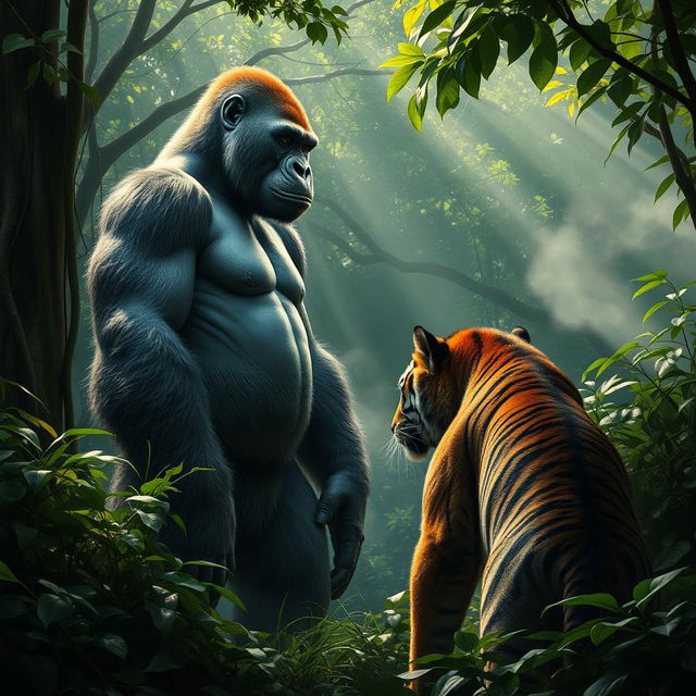 A dramatic scene in a dense jungle featuring a powerful gorilla and a majestic tiger facing each other