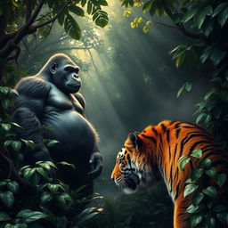 A dramatic scene in a dense jungle featuring a powerful gorilla and a majestic tiger facing each other