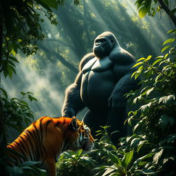 A dramatic scene in a dense jungle featuring a powerful gorilla and a majestic tiger facing each other