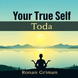 A flat cover design featuring a realistic serene landscape with a sun rising over a tranquil lake and mountains