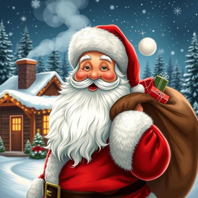 A cheerful Santa Claus with a fluffy white beard, wearing a classic red suit with white fur trim