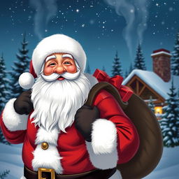 A cheerful Santa Claus with a fluffy white beard, wearing a classic red suit with white fur trim