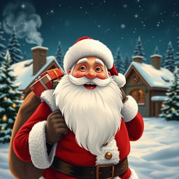 A cheerful Santa Claus with a fluffy white beard, wearing a classic red suit with white fur trim