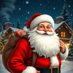 A cheerful Santa Claus with a fluffy white beard, wearing a classic red suit with white fur trim