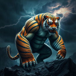 A powerful hybrid creature blending the muscular physique of a gorilla and the striking striped fur of a tiger, standing in a dramatic stormy environment