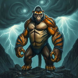 A powerful hybrid creature blending the muscular physique of a gorilla and the striking striped fur of a tiger, standing in a dramatic stormy environment