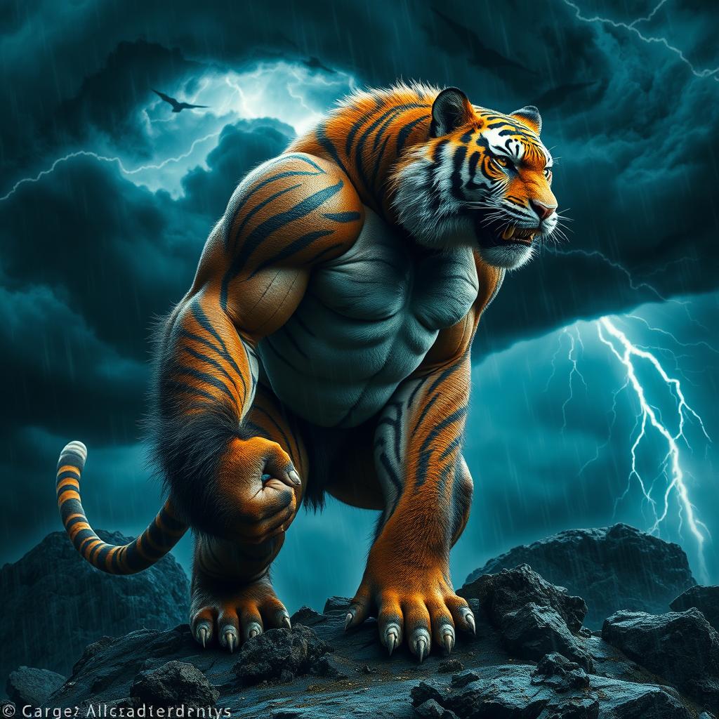 A powerful hybrid creature blending the muscular physique of a gorilla and the striking striped fur of a tiger, standing in a dramatic stormy environment