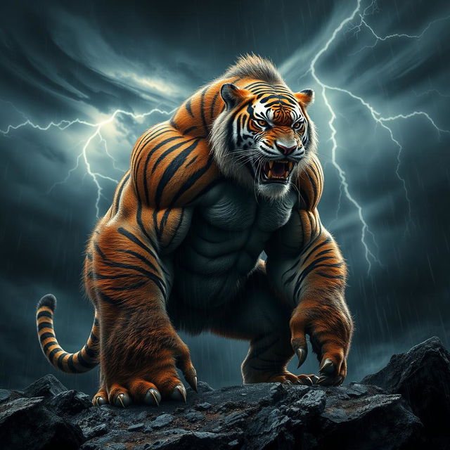 A powerful hybrid creature blending the muscular physique of a gorilla and the striking striped fur of a tiger, standing in a dramatic stormy environment