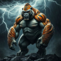 A powerful hybrid creature blending the muscular physique of a gorilla and the striking striped fur of a tiger, standing in a dramatic stormy environment