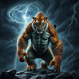 A powerful hybrid creature blending the muscular physique of a gorilla and the striking striped fur of a tiger, standing in a dramatic stormy environment