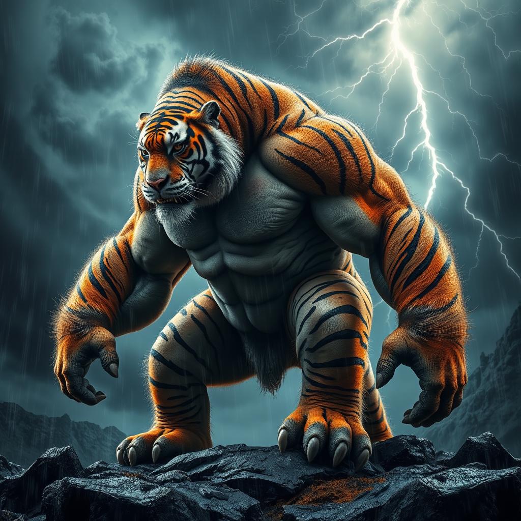 A powerful hybrid creature blending the muscular physique of a gorilla and the striking striped fur of a tiger, standing in a dramatic stormy environment