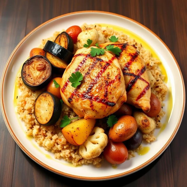 A beautifully plated dish of cooked bulgur wheat served with grilled eggplant, roasted cauliflower, and roasted potatoes