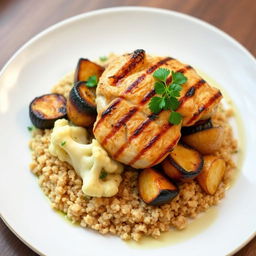 A beautifully plated dish of cooked bulgur wheat served with grilled eggplant, roasted cauliflower, and roasted potatoes