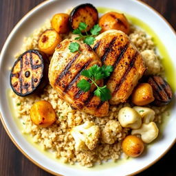 A beautifully plated dish of cooked bulgur wheat served with grilled eggplant, roasted cauliflower, and roasted potatoes
