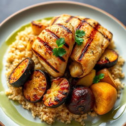 A beautifully plated dish of cooked bulgur wheat served with grilled eggplant, roasted cauliflower, and roasted potatoes
