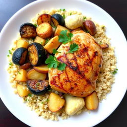 A beautifully arranged plate of cooked bulgur wheat mixed with grilled eggplant, roasted cauliflower, and roasted potato pieces