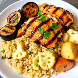 A beautifully arranged plate of cooked bulgur wheat mixed with grilled eggplant, roasted cauliflower, and roasted potato pieces