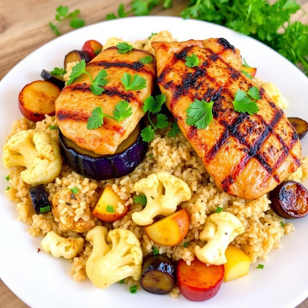 A beautifully arranged plate of cooked bulgur wheat mixed with grilled eggplant, roasted cauliflower, and roasted potato pieces