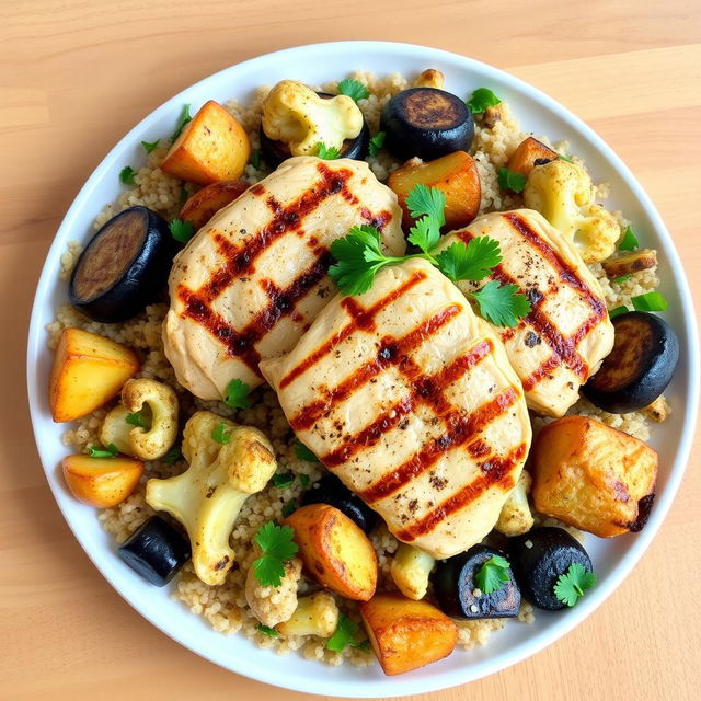 A beautifully arranged plate of cooked bulgur wheat mixed with grilled eggplant, roasted cauliflower, and roasted potato pieces