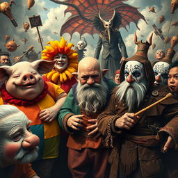 A chaotic scene featuring a variety of eccentric characters in a surreal environment