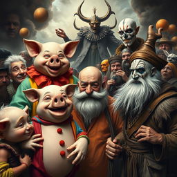 A chaotic scene featuring a variety of eccentric characters in a surreal environment