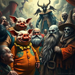 A chaotic scene featuring a variety of eccentric characters in a surreal environment