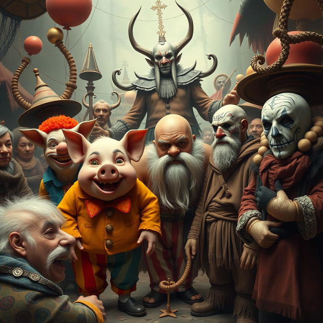 A chaotic scene featuring a variety of eccentric characters in a surreal environment