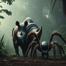 In the heart of a dense, misty jungle, a mighty rhino stands on the edge of a clearing