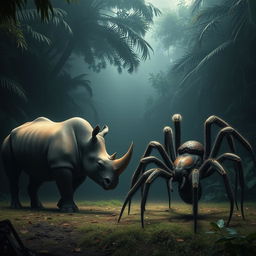In the heart of a dense, misty jungle, a mighty rhino stands on the edge of a clearing