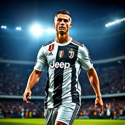 A dramatic and powerful portrait of Cristiano Ronaldo on the soccer field, showcasing his athleticism and iconic style