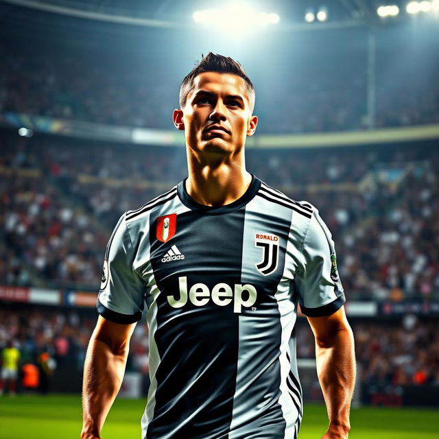 A dramatic and powerful portrait of Cristiano Ronaldo on the soccer field, showcasing his athleticism and iconic style