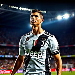 A dramatic and powerful portrait of Cristiano Ronaldo on the soccer field, showcasing his athleticism and iconic style