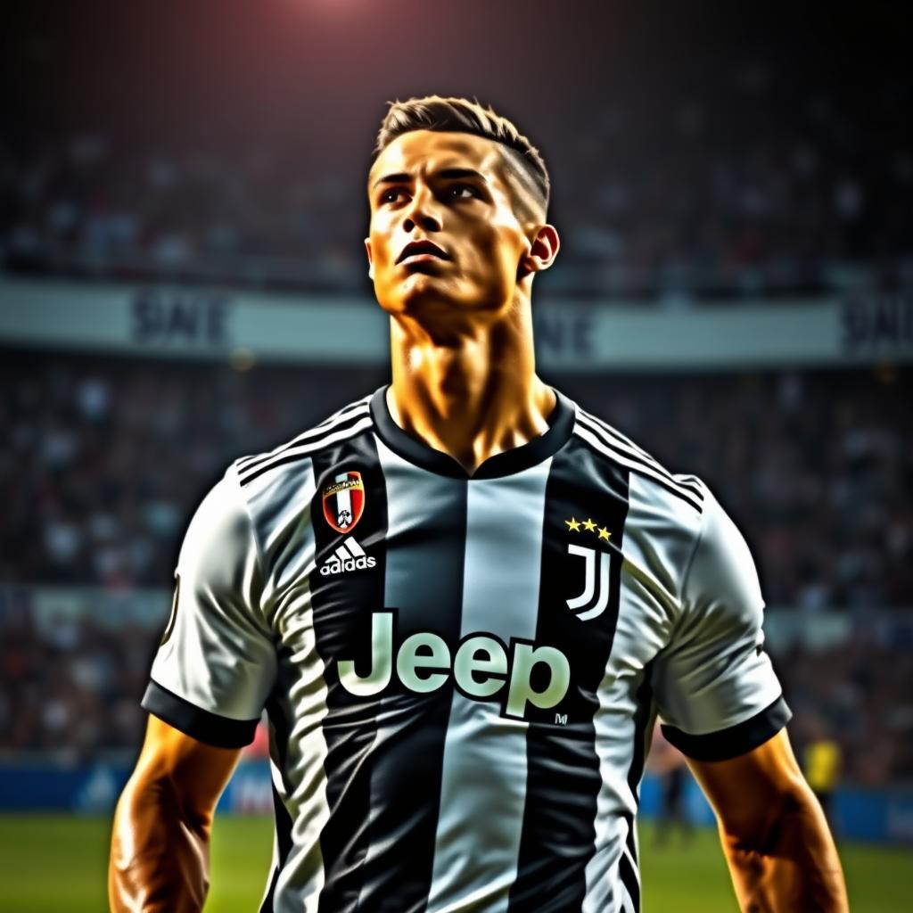 A dramatic and powerful portrait of Cristiano Ronaldo on the soccer field, showcasing his athleticism and iconic style