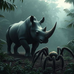 In the heart of a dense, misty jungle, a mighty rhino stands on the edge of a clearing