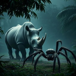In the heart of a dense, misty jungle, a mighty rhino stands on the edge of a clearing