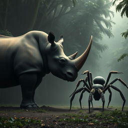 In the heart of a dense, misty jungle, a mighty rhino stands on the edge of a clearing