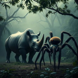 In the heart of a dense, misty jungle, a mighty rhino stands on the edge of a clearing