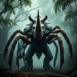 A powerful hybrid creature featuring the muscular physique of a rhino combined with the intricate details of a spider