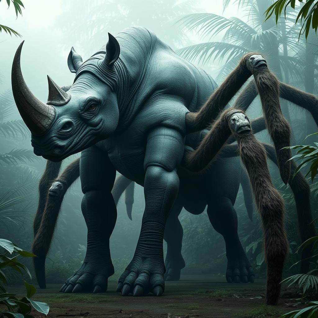 A powerful hybrid creature featuring the muscular physique of a rhino combined with the intricate details of a spider